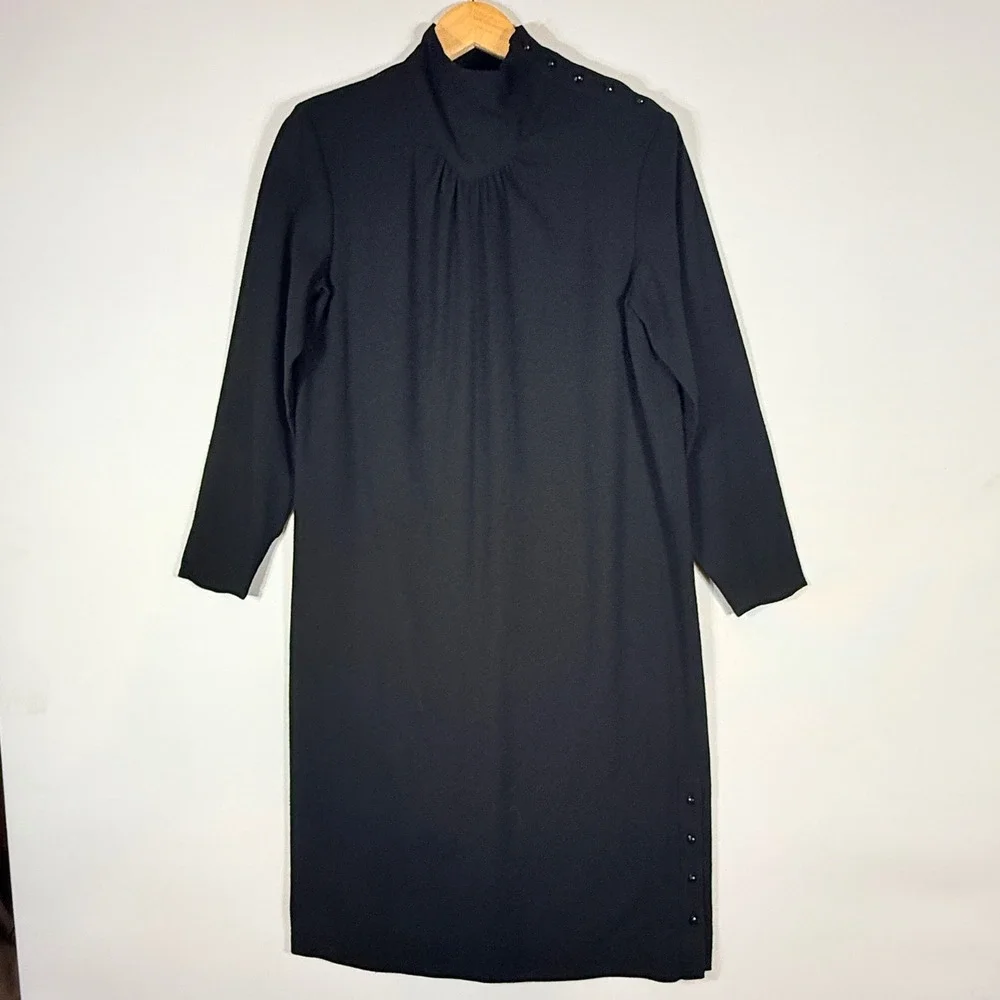 Vintage Oleg Cassini Medium Black Dress Buttons Mock‎ Neck 3/4 Sleeve Classic